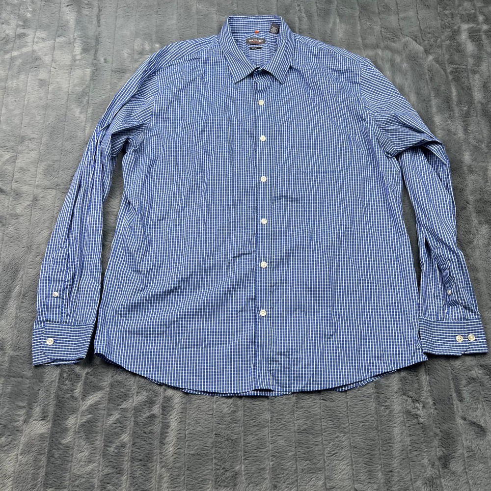 Van Heusen Traveler Men XL Blue White Check Slim Fit LS Button Down Shirt